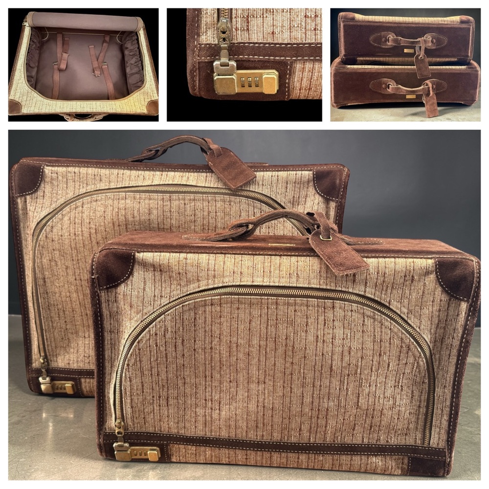 VTG The French Company Tweed Brown Suede Luggage Suitcase Set Combination Lock
